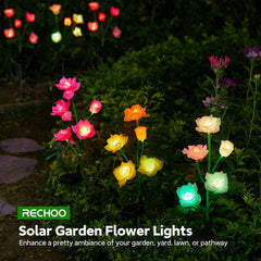 RECHOO Solar Garden Lights Outdoor Decorative, 3 Pack Solar Flower Lights with 15 Rose Flowers, Multi-Color Changing LED Waterproof Garden Decor for Landscape Pathway, Mother's Day Gifts for Women