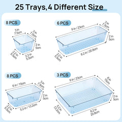 Vtopmart 25 PCS Clear Plastic Drawer Organizers Set, 4-Size Versatile Bathroom and Vanity Drawer Organizer Trays, Storage Bins for Makeup, Bedroom, Kitchen Gadgets Utensils and Office