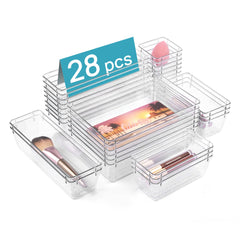 Vtopmart 25 PCS Clear Plastic Drawer Organizers Set, 4-Size Versatile Bathroom and Vanity Drawer Organizer Trays, Storage Bins for Makeup, Bedroom, Kitchen Gadgets Utensils and Office