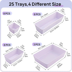 Vtopmart 25 PCS Clear Plastic Drawer Organizers Set, 4-Size Versatile Bathroom and Vanity Drawer Organizer Trays, Storage Bins for Makeup, Bedroom, Kitchen Gadgets Utensils and Office