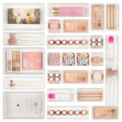 Vtopmart 25 PCS Clear Plastic Drawer Organizers Set, 4-Size Versatile Bathroom and Vanity Drawer Organizer Trays, Storage Bins for Makeup, Bedroom, Kitchen Gadgets Utensils and Office