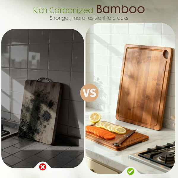 Astercook Deep-Carbonized Bamboo Cutting Boards for Kitchen with Wood Storage Stand, Reversible Charcuterie & Chopping Boards with Juice Grooves and Easy-Grip Handles, Fathers Day Gift for Men