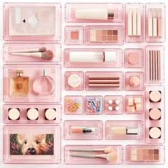 Vtopmart 25 PCS Clear Plastic Drawer Organizers Set, 4-Size Versatile Bathroom and Vanity Drawer Organizer Trays, Storage Bins for Makeup, Bedroom, Kitchen Gadgets Utensils and Office
