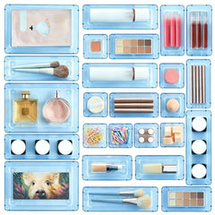 Vtopmart 25 PCS Clear Plastic Drawer Organizers Set, 4-Size Versatile Bathroom and Vanity Drawer Organizer Trays, Storage Bins for Makeup, Bedroom, Kitchen Gadgets Utensils and Office