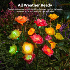 RECHOO Solar Garden Lights Outdoor Decorative, 3 Pack Solar Flower Lights with 15 Rose Flowers, Multi-Color Changing LED Waterproof Garden Decor for Landscape Pathway, Mother's Day Gifts for Women