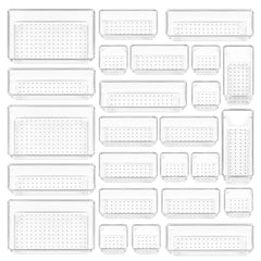 Vtopmart 25 PCS Clear Plastic Drawer Organizers Set, 4-Size Versatile Bathroom and Vanity Drawer Organizer Trays, Storage Bins for Makeup, Bedroom, Kitchen Gadgets Utensils and Office